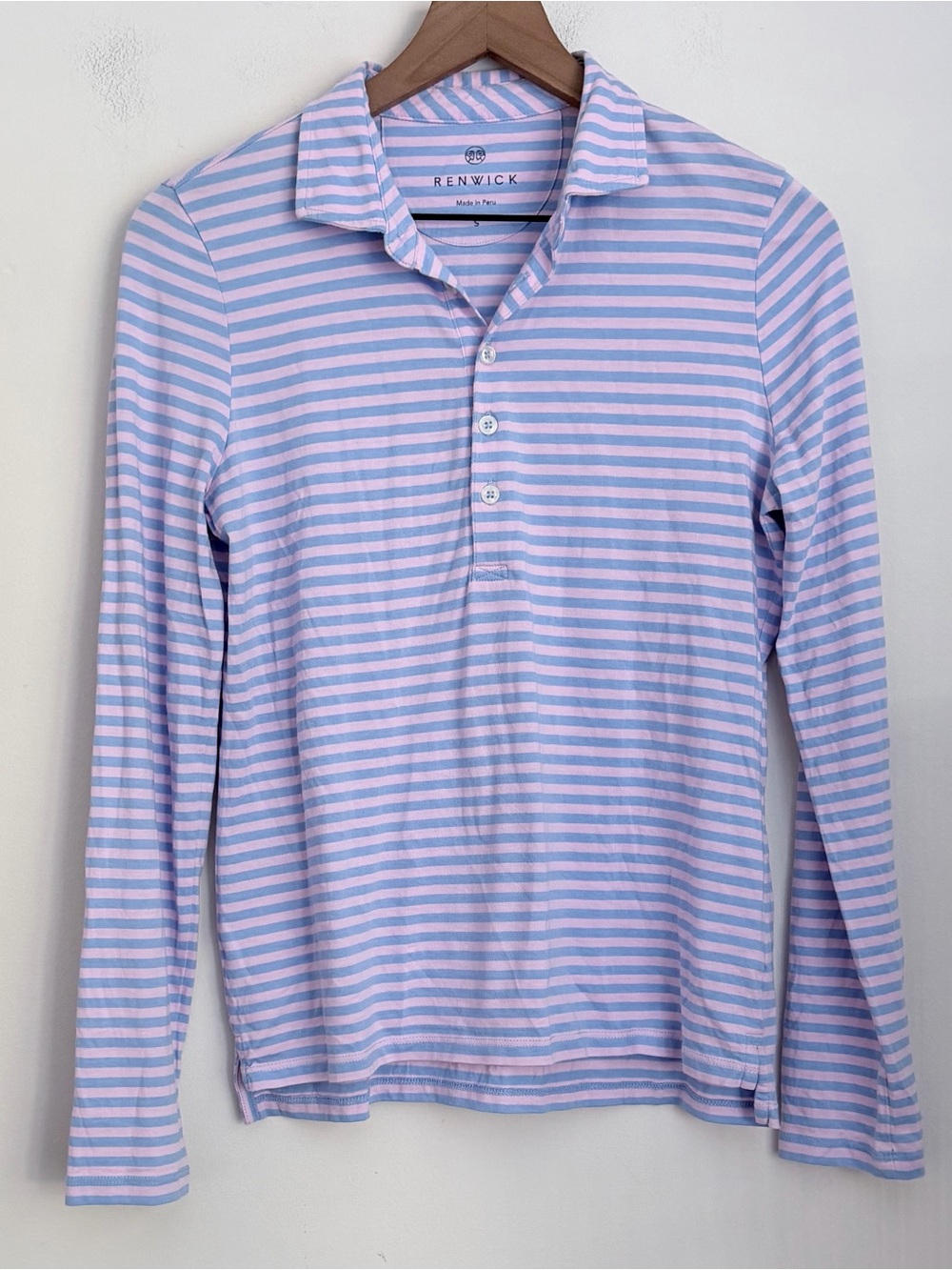 Renwick Women’s Medium Striped Long Sleeve Polo- Blue and pink 100% Pima Cotton